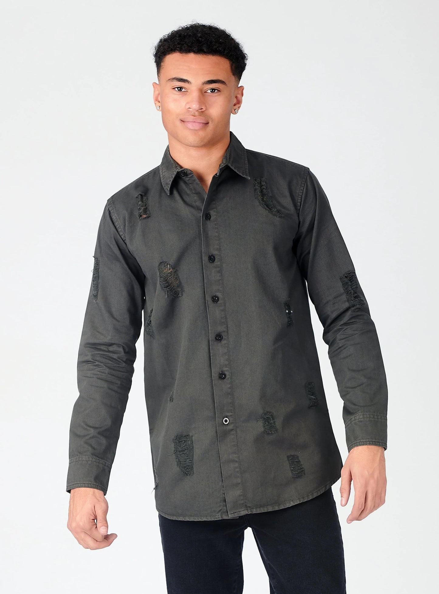 The Charcoal Denim  JMOJO Ripped Slim-Fit Shirt