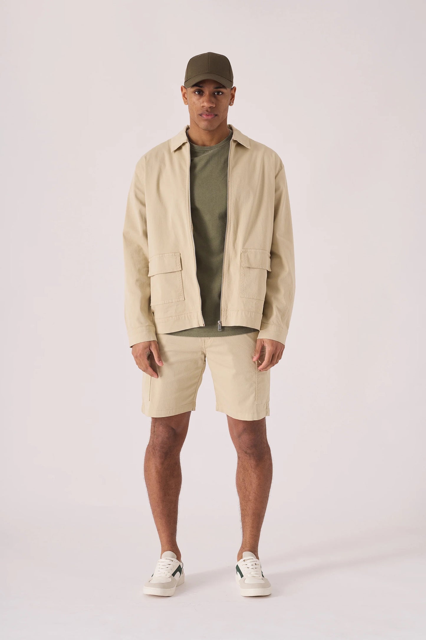 Urban Elegance:  JMOJO Beige Denim Zip Front Cargo Jacket