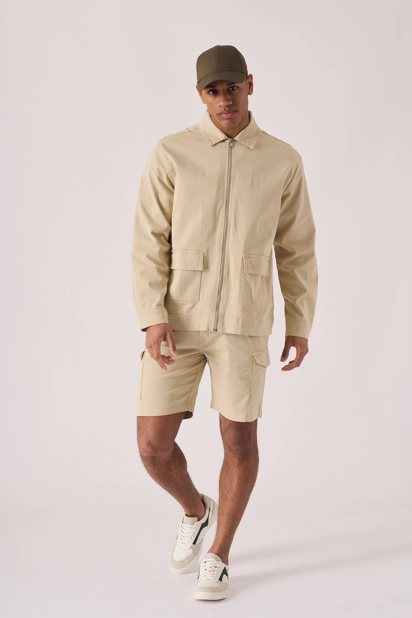 Urban Elegance:  JMOJO Beige Denim Zip Front Cargo Jacket