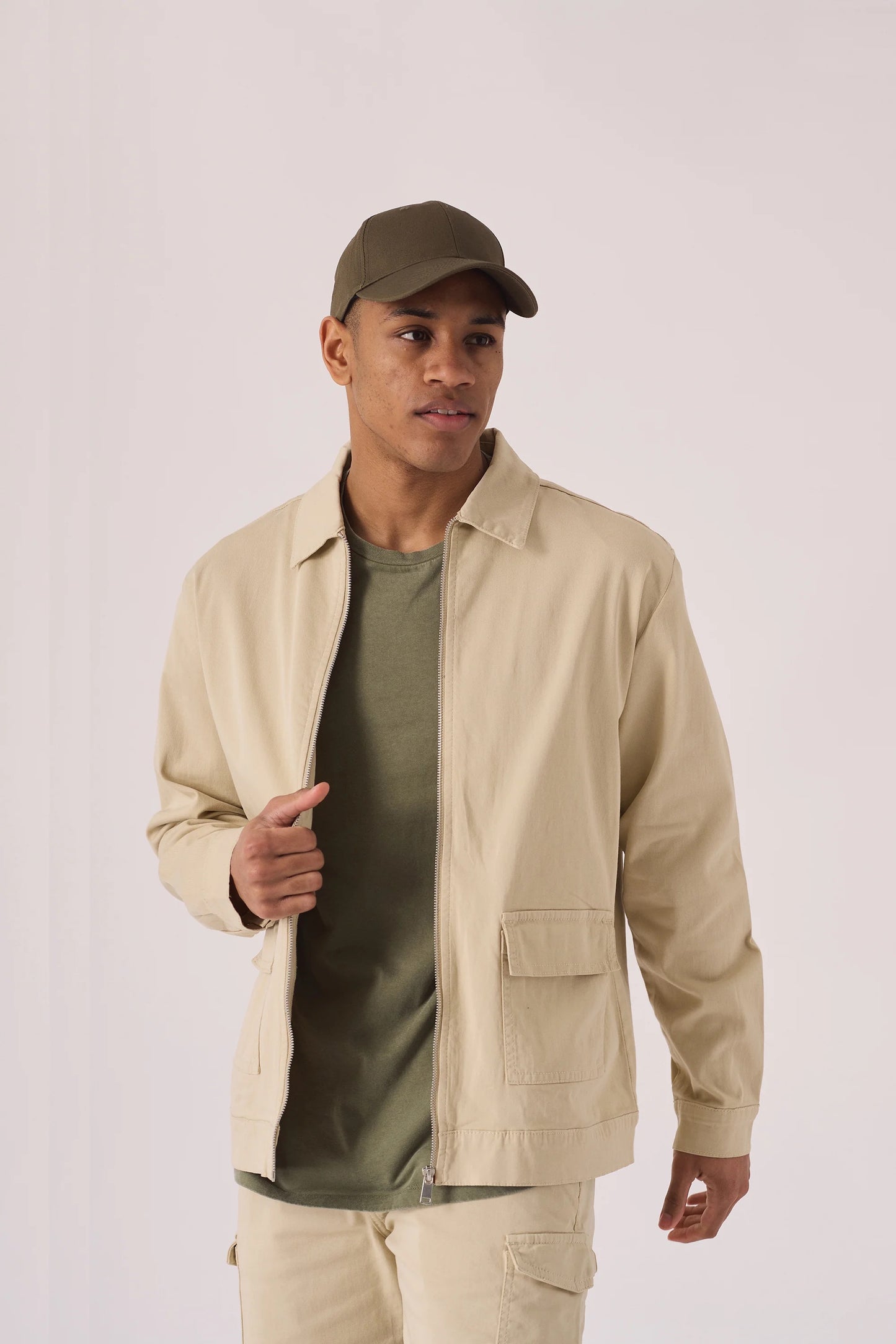 Urban Elegance:  JMOJO Beige Denim Zip Front Cargo Jacket