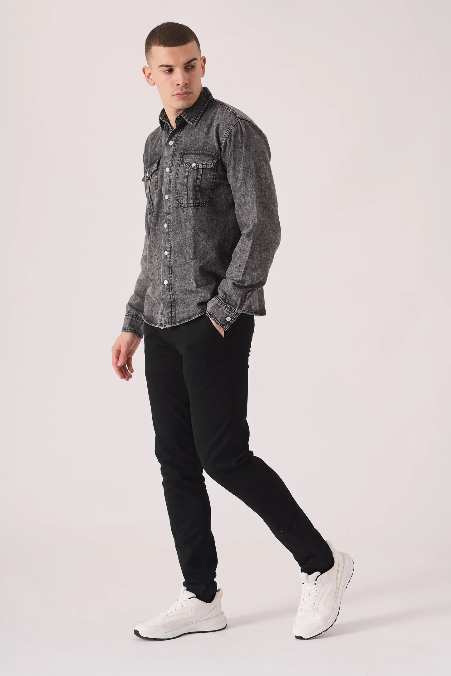 Refined Elegance: Grey Acid Wash JMOJO Slim-Fit Denim Shirt