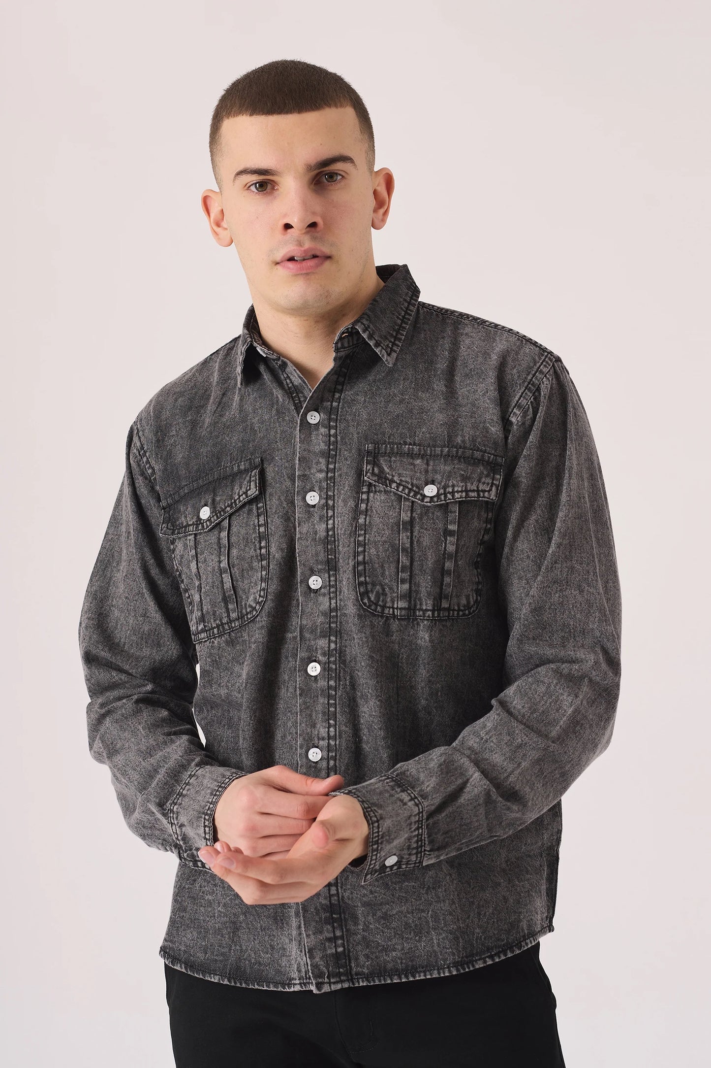 Refined Elegance: Grey Acid Wash JMOJO Slim-Fit Denim Shirt