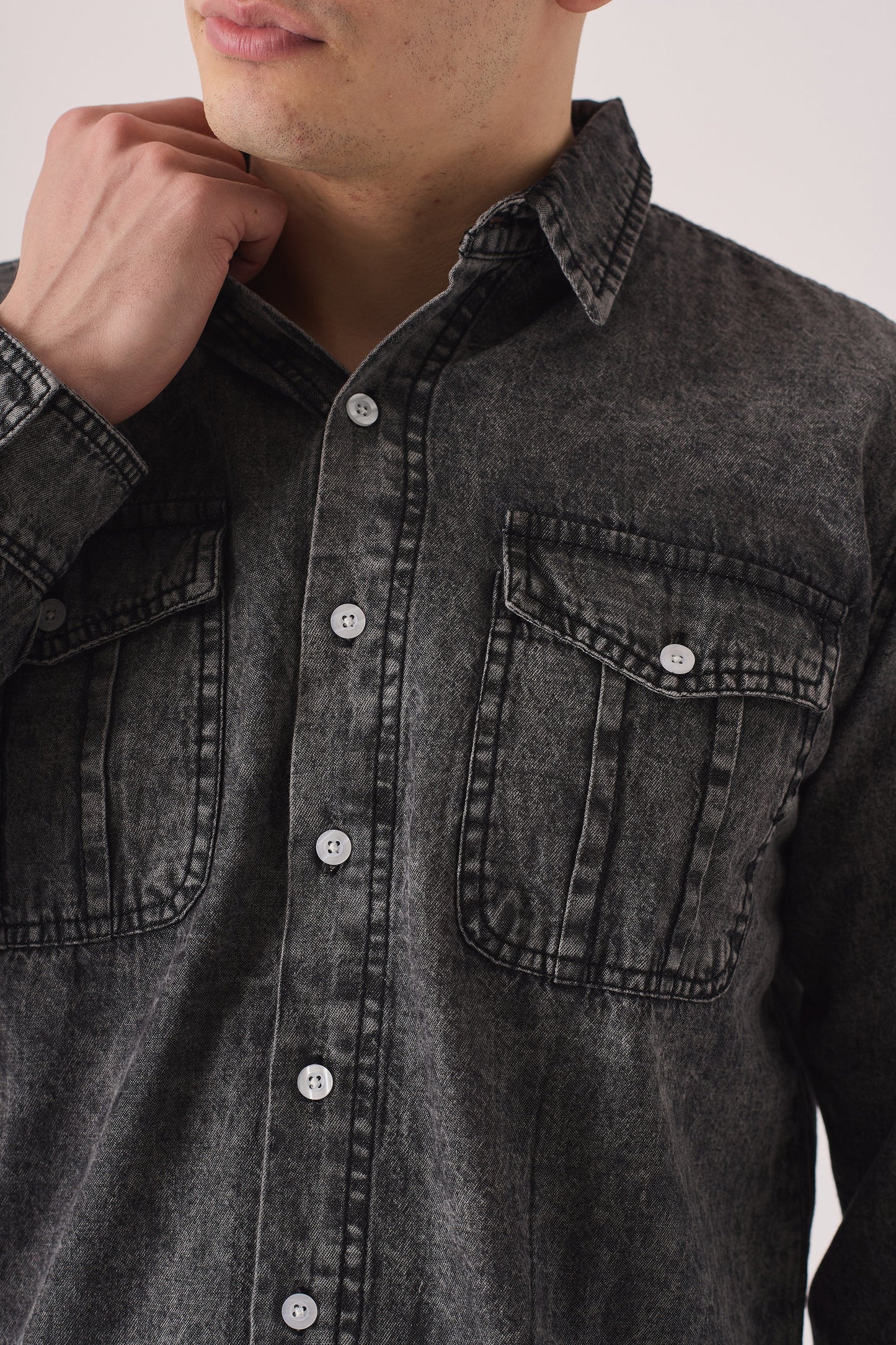 Refined Elegance: Grey Acid Wash JMOJO Slim-Fit Denim Shirt